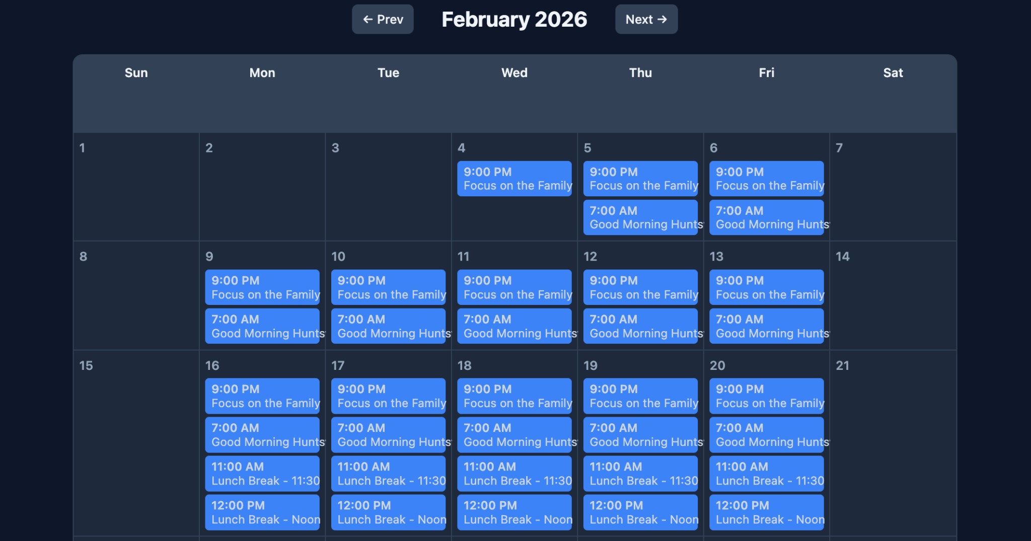 Calendar view showing scheduled clocks by day