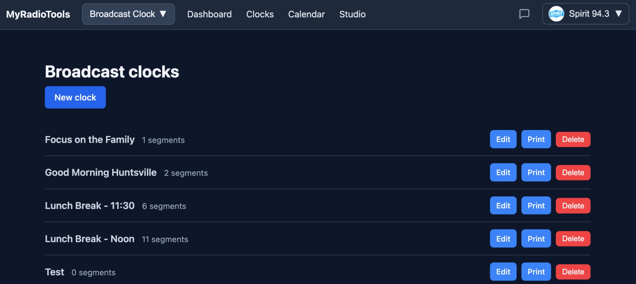 List of broadcast clocks with New clock, Edit, Print, Delete