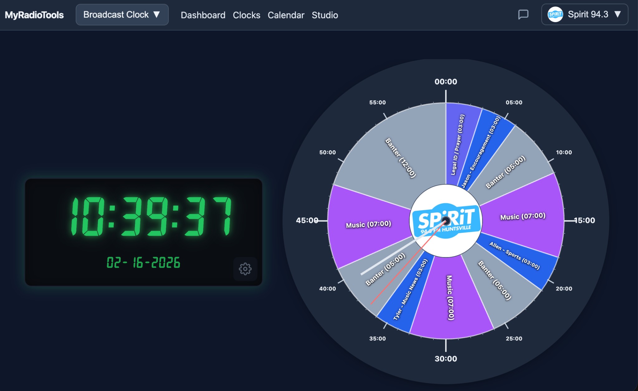 Studio mode: real-time clock and live position on program clock