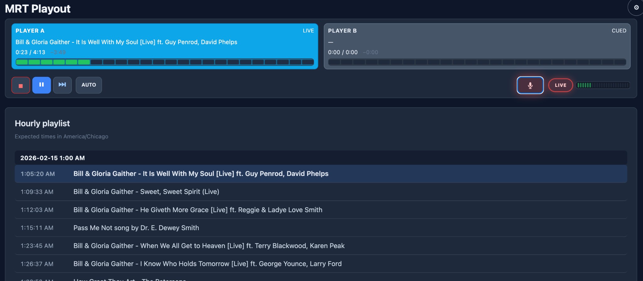 MRT Playout view with dual decks, transport controls, live mic tools, and hourly playlist